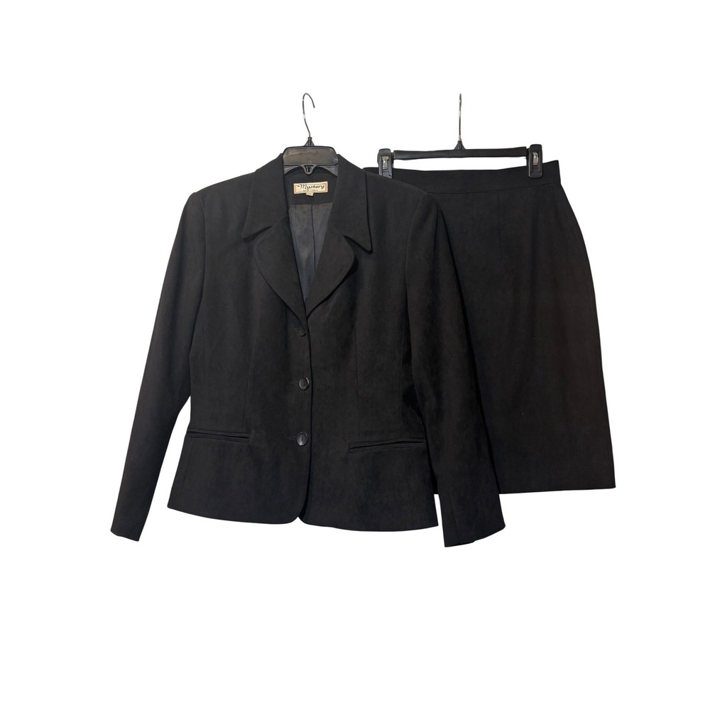 Mystery New York Vintage Black Faux Suede Skirt Suit Blazer Pencil Skirt Set 12